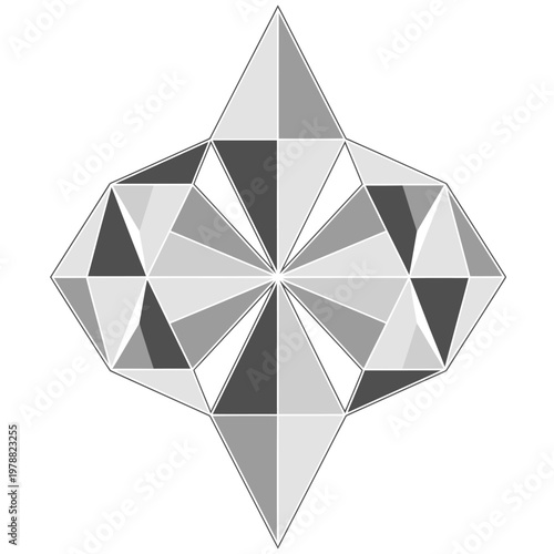 A complex geometric pattern formed by numerous triangles in shades of grey, black, and white, creating a faceted, star-like design.