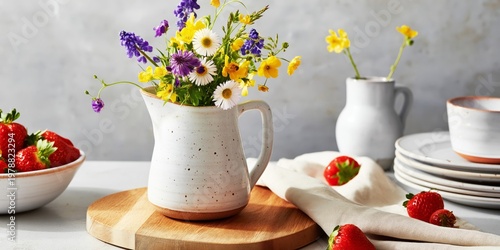 Bright Flowers in a Pitcher With Strawberries on a Wooden Cutting Board in a ...