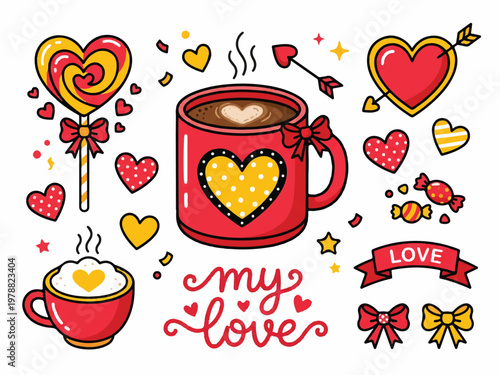 Valentines Day themed illustrations of hearts coffee cups and candies on white background for love and romance concepts  heartshaped designs