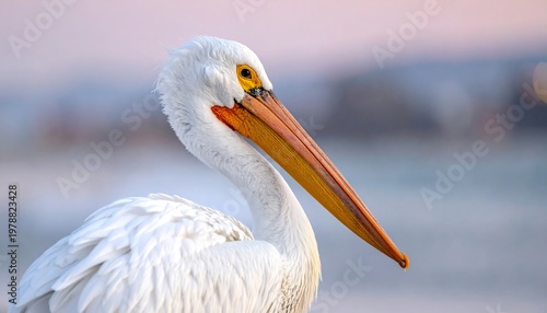 Close-up of a large white bird with a long orange beak and a small yellow eye, set against a blurred background