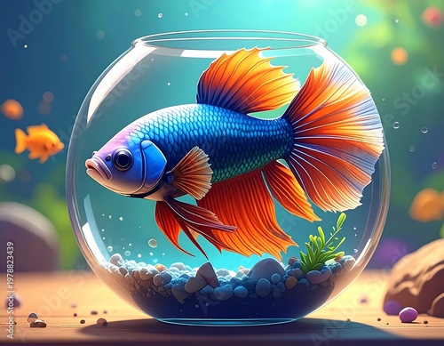 Vibrant cartoon betta fish, blue body, orange fins, inside a glass bowl, with gravel and a few small fish