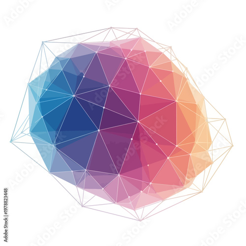 A vibrant abstract low-poly geometric shape with a colorful gradient and wireframe network overlay on a white background, creating a modern visual.