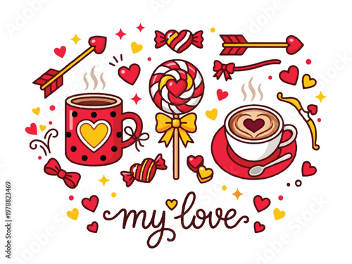 Valentines Day themed illustration with heart shaped coffee cup lollipop candies and arrows  romantic sweet treats and beverages for lovers