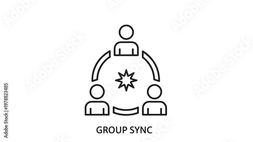 Teamwork Collaboration Icon: Three People in Connected Circle with Central Star for Team Building, Unity, Leadership, and Group Synergy Line Art