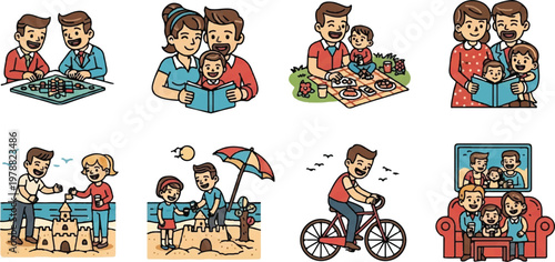Family activities illustration set various scenes of parents and children