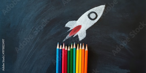 Chalk Drawing of a Rocket With Colored Pencils on a Blackboard at a Classroom...