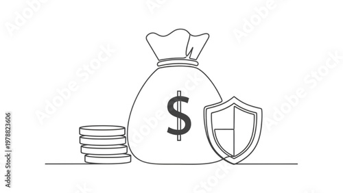 Benefits Package Vector Icon: Money Bag, Coins, and Shield for Employee Compensation, Financial Security, Insurance Perks, and HR Line Art Design