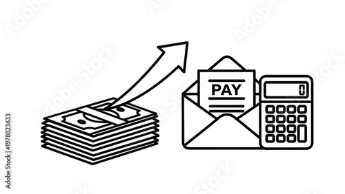 Payroll Management Icon: Salary and Pay Line Art with Calculator, Money Bills, and Envelope for Human Resources, Finance, and Income Vector Design