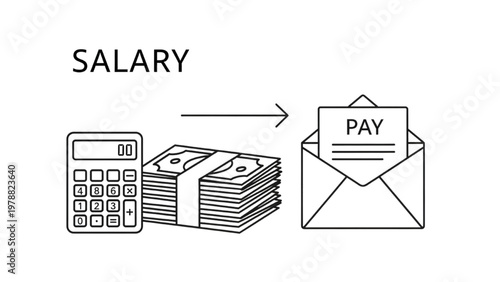 Payroll Management Icon: Salary and Pay Line Art with Calculator, Money Bills, and Envelope for Human Resources, Finance, and Income Vector Design