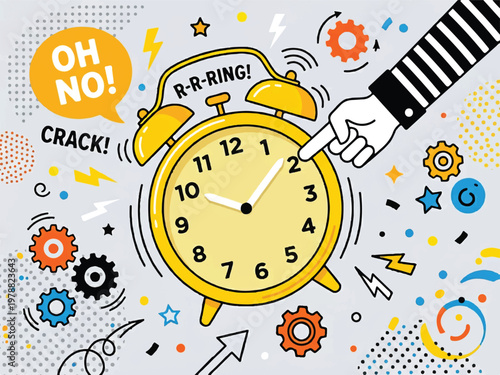 Yellow alarm clock ringing with hand pressing snooze button on colorful background with various symbols and icons  time management concept