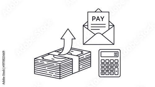 Payroll Management Icon: Salary and Pay Line Art with Calculator, Money Bills, and Envelope for Human Resources, Finance, and Income Vector Design