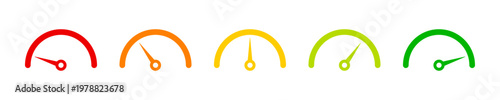 Speedometer gauge level indicator icon set with color scale