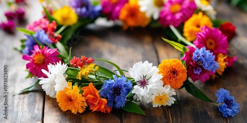 Colorful Flower Crown Made With Various Blooms on Wooden Table During Daylight