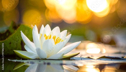 Elegant White Water Lily Blooming in Tranquil Pond.