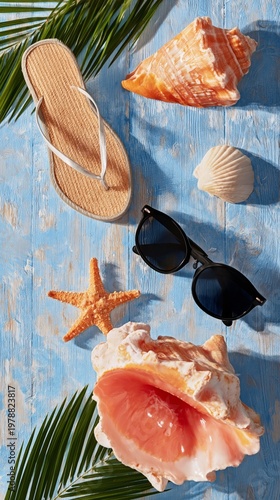 Bright Flip Flops and Sunglasses on Wooden Beach Deck With Seashells and Towe...