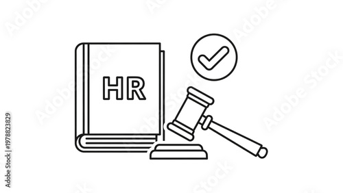 HR Compliance Icon: Legal Gavel with Human Resources Manual and Checkmark for Labor Law, Company Policy, Regulatory Rules, and Ethics Line Art Vector