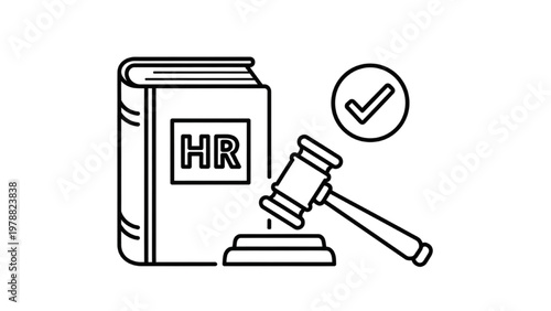 HR Compliance Icon: Legal Gavel with Human Resources Manual and Checkmark for Labor Law, Company Policy, Regulatory Rules, and Ethics Line Art Vector