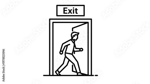 Employee Offboarding Icon: Figure Walking through Exit Door for Staff Turnover, Resignation, Career Change, and HR Termination Line Art Vector