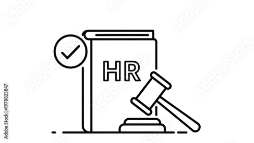 HR Compliance Icon: Legal Gavel with Human Resources Manual and Checkmark for Labor Law, Company Policy, Regulatory Rules, and Ethics Line Art Vector
