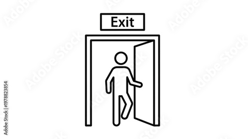 Employee Offboarding Icon: Figure Walking through Exit Door for Staff Turnover, Resignation, Career Change, and HR Termination Line Art Vector