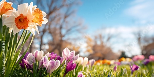 Spring Flowers Bloom in a Colorful Garden Under a Bright Blue Sky