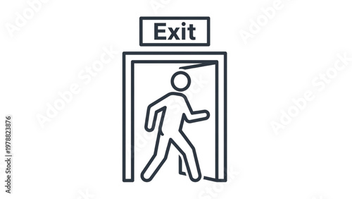 Employee Offboarding Icon: Figure Walking through Exit Door for Staff Turnover, Resignation, Career Change, and HR Termination Line Art Vector