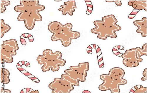 Seamless Christmas Gingerbread Cookie Pattern with Candy Cane and Cute Holiday Biscuits Cartoon Flat Vector Illustration Background for Festive Design