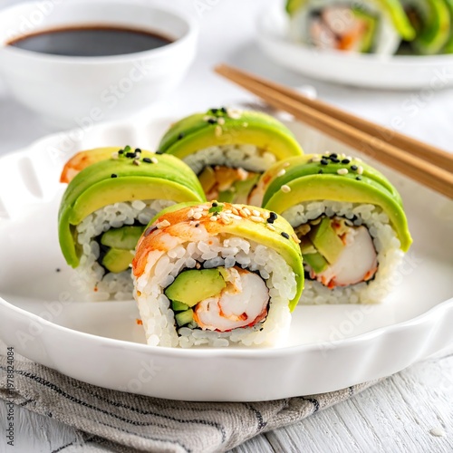 Close-up of a plate with several sushi rolls with avocado and seafood filling, accompanied by chopsticks and dipping sauce