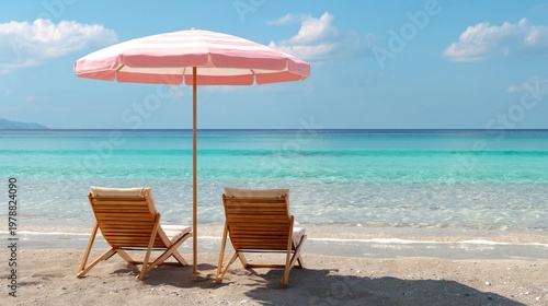 Beach Scene With Two Chairs and an Umbrella Overlooking the Water