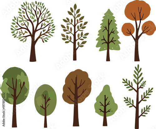 Tree Icon Set with Different Forest Trees, Seasonal Foliage and Nature Elements Flat Vector Collection for Landscape, Ecology and Botanical Design