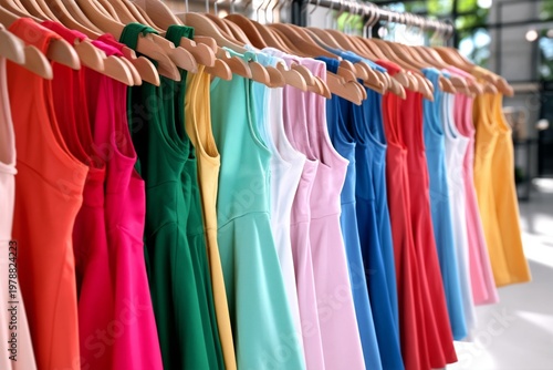 Colorful Dresses Hang on Wooden Hangers in a Retail Store During Daytime