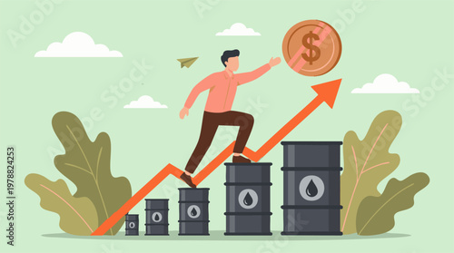 Quadro su tela Businessman climbing oil barrels on an upward graph, reaching for a dollar coin, symbolizing oil price growth and profit