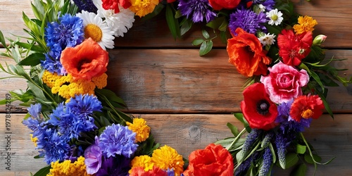 Bright Flowers Arranged in a Circular Pattern on a Wooden Surface
