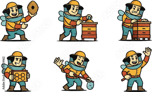 Beekeeper activities vector set apiary worker cartoon illustrations