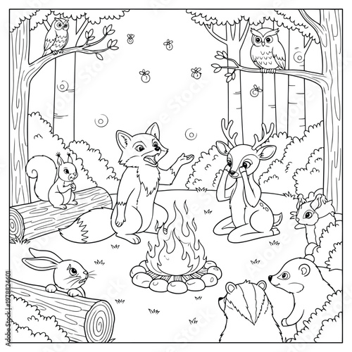 Forest animals around campfire telling stories, owl, deer, fox, squirrel, rabbit, badger, coloring book.