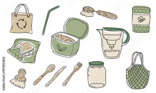 Eco kitchen zero waste lifestyle vector icon set. Hand-drawn sustainable household items, organic food storage and plastic-free tools in sage green aesthetic.