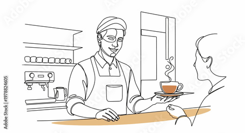 Continuous line drawing of a friendly barista serving a hot cup of coffee to a customer at a cafe counter.