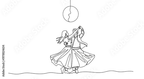 Continuous line drawing of a dancing couple in elegant attire under a moon.