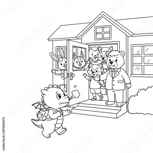 Nervous little dragon going to animal school on first day coloring page.