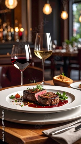 Close-up of a plated steak with a red wine reduction. Two wine glasses stand alongside, setting a refined dining ambiance