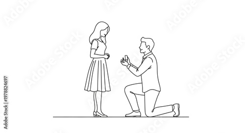 Line art illustration of a man proposing marriage to a woman.