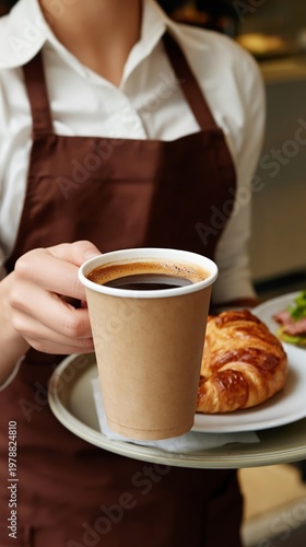 Barista Serves Coffee and Croissant in Cafe During Morning Hours