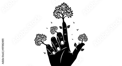 Hand holding tree with leaves and flowers.