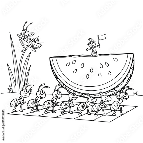 Coloring page of hardworking ants carrying large watermelon slice while grasshopper watches from blades of grass.