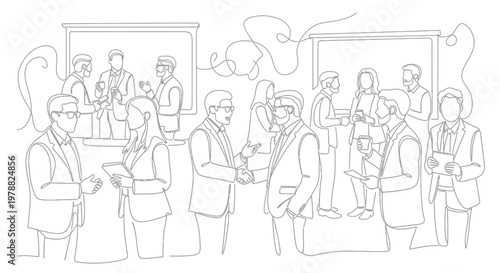 Line art illustration of professional people networking at a business conference.