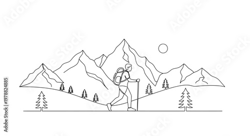 Minimalist Line Art of a Hiker Trekking in the Mountains.
