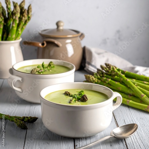 Close-up of asparagus soup in white bowls, with additional spears, pot, and spoon. Light, airy ambiance