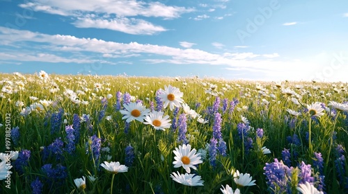 Colorful Wildflowers Bloom Under a Bright Sky in a Sunny Meadow During Spring...