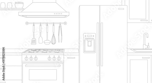 Minimalist outline drawing of a modern kitchen interior.