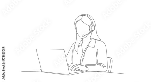 Continuous line drawing of a customer support agent working on a laptop.